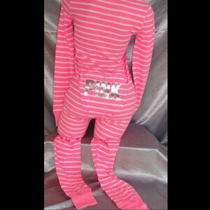 Victoria secret pink onesie striped white gold bum flap waffle knit long John